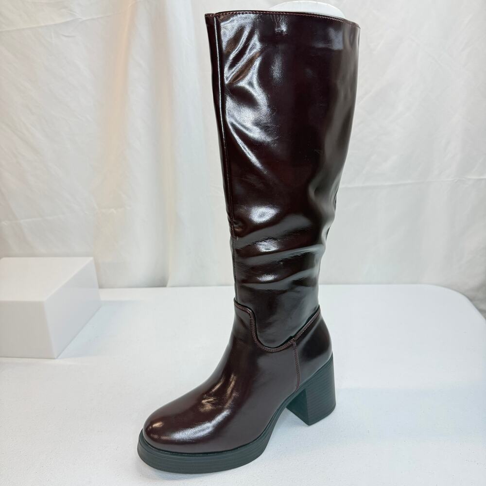 Women’s Burgundy Knee‑High Platform Boots – Chunky Block Heel, Size 7